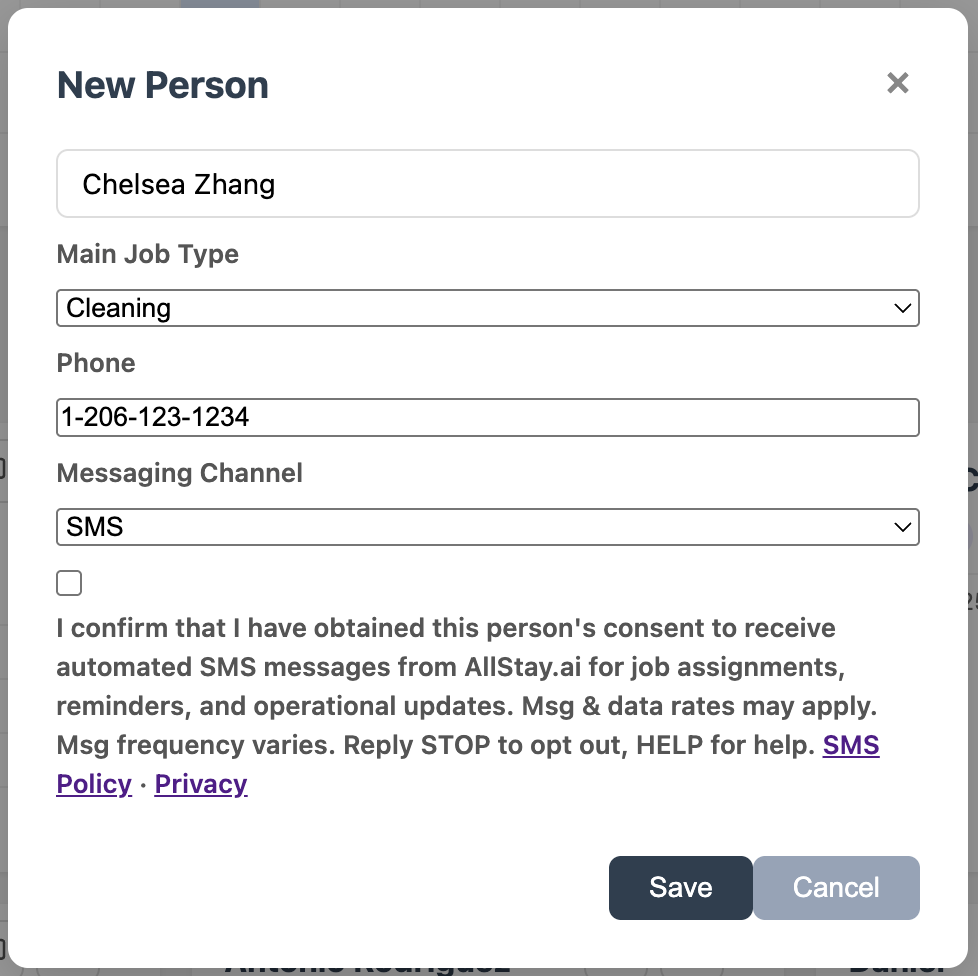 Screenshot of SMS consent checkbox in AllStay.ai