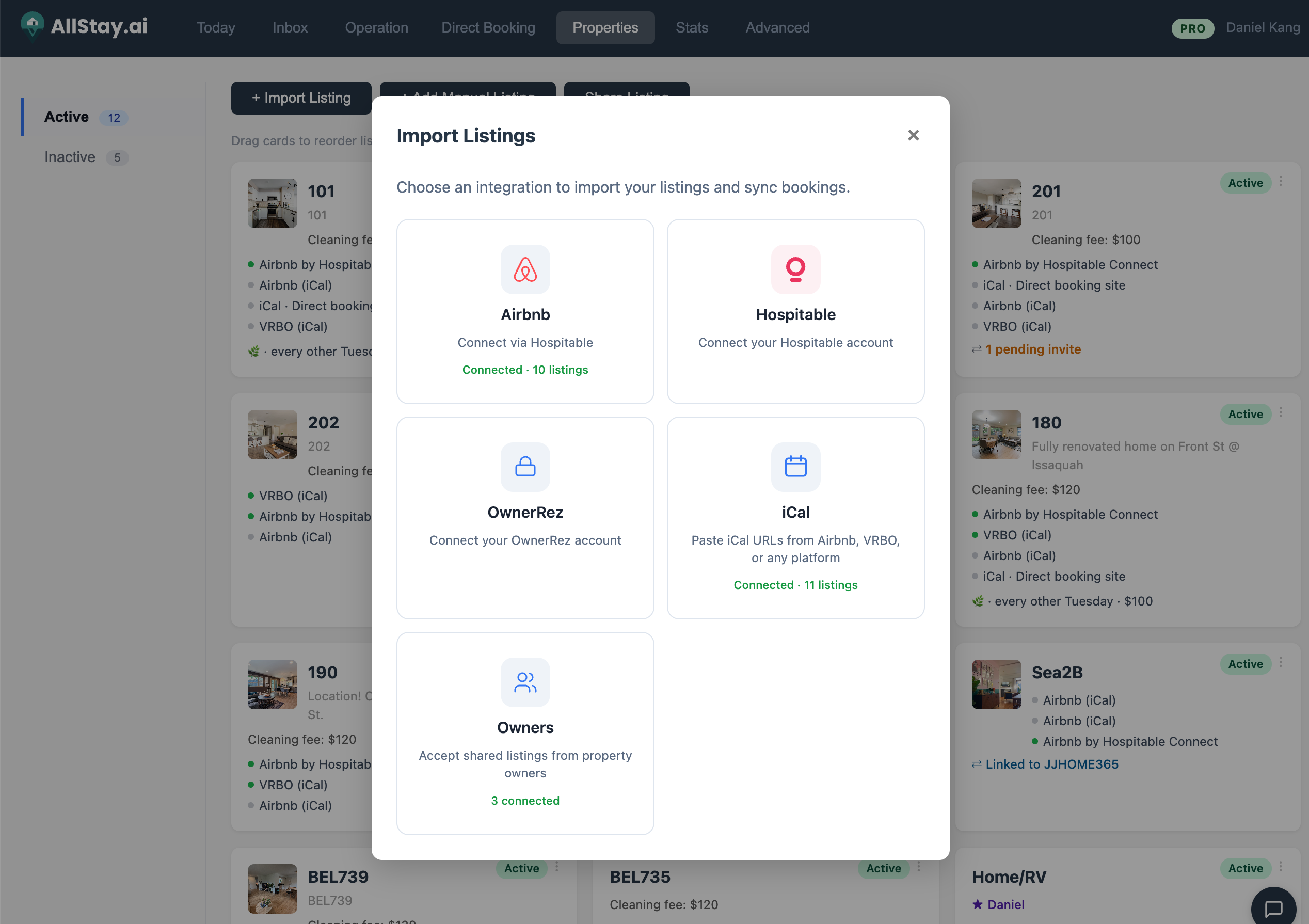 Import listings from Airbnb, VRBO, Hospitable, or OwnerRez