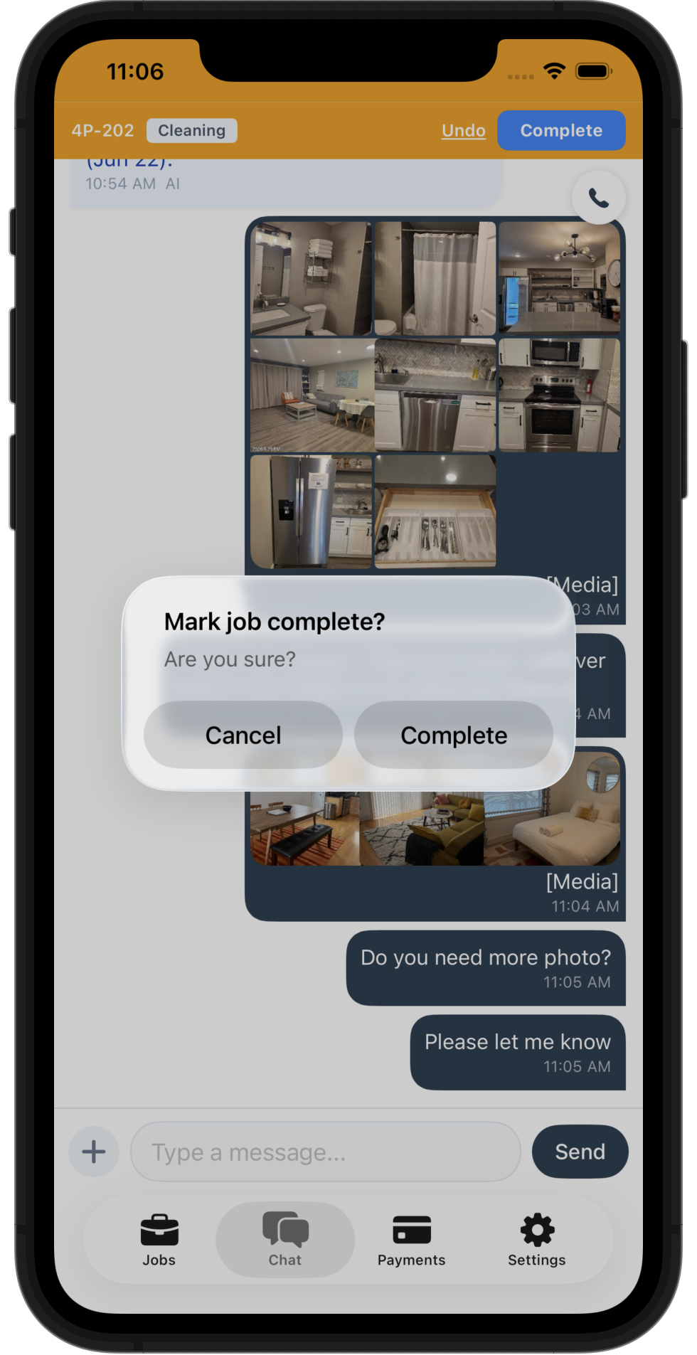 Cleaner marks the job complete in AllStay Crew Messenger